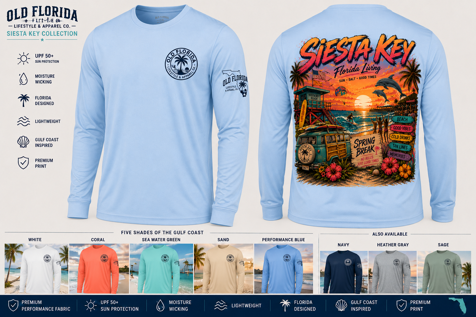 Siesta Key — Florida Living long sleeve — front and back, Sea Water Green