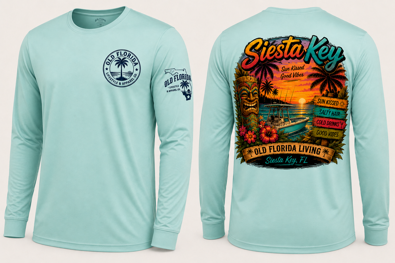 Siesta Life — Center Console long sleeve — front and back, Sea Water Green