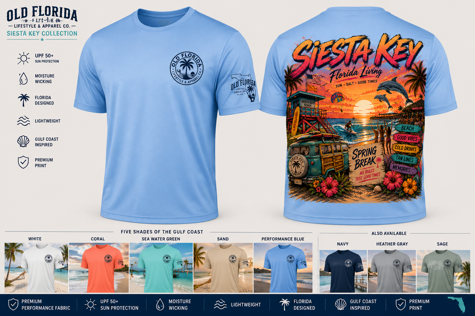 Siesta Key — Florida Living — front and back print, Performance Blue