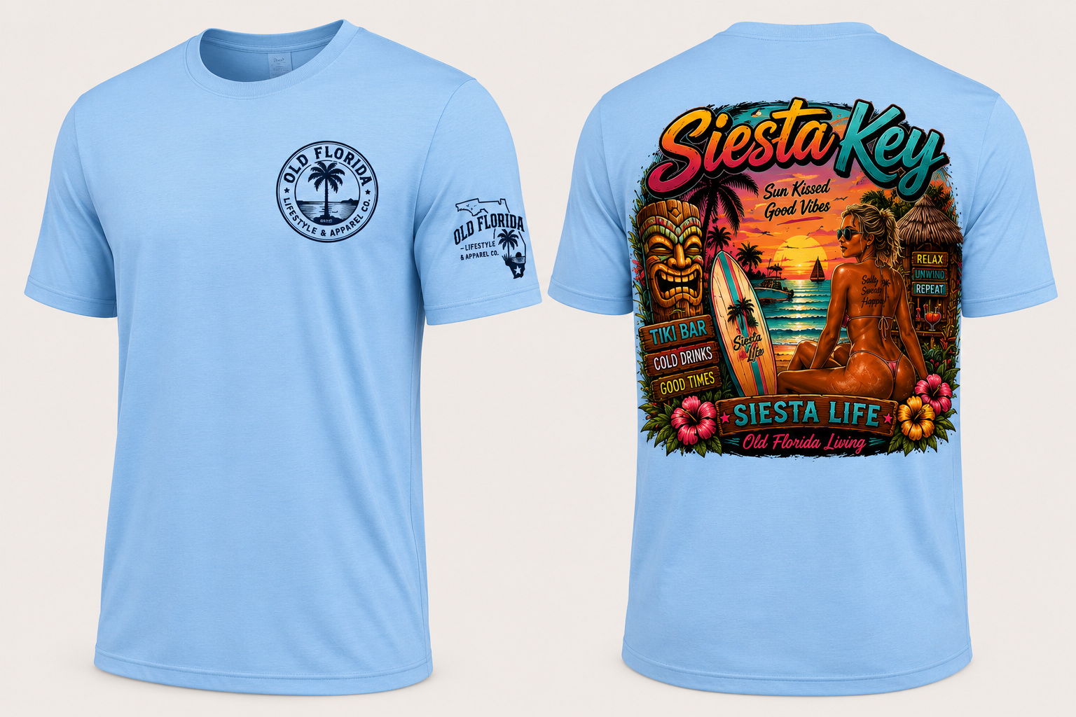 Siesta Life — Sunset Tiki — front and back print, Performance Blue
