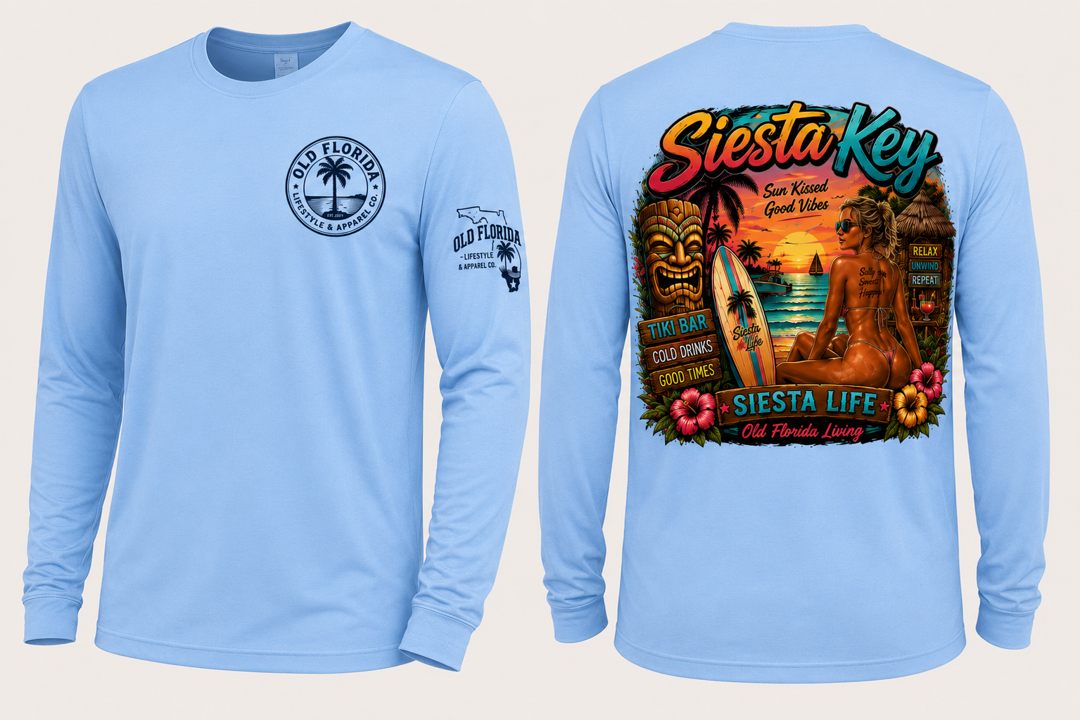 Siesta Life — Sunset Tiki long sleeve — front and back, Performance Blue