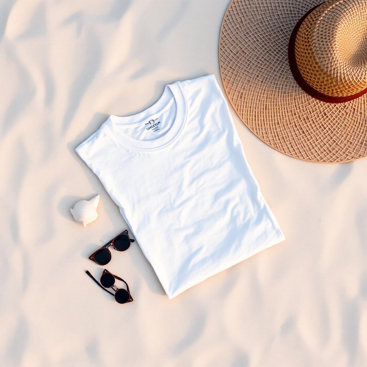 Folded Siesta Key performance tee on white sand