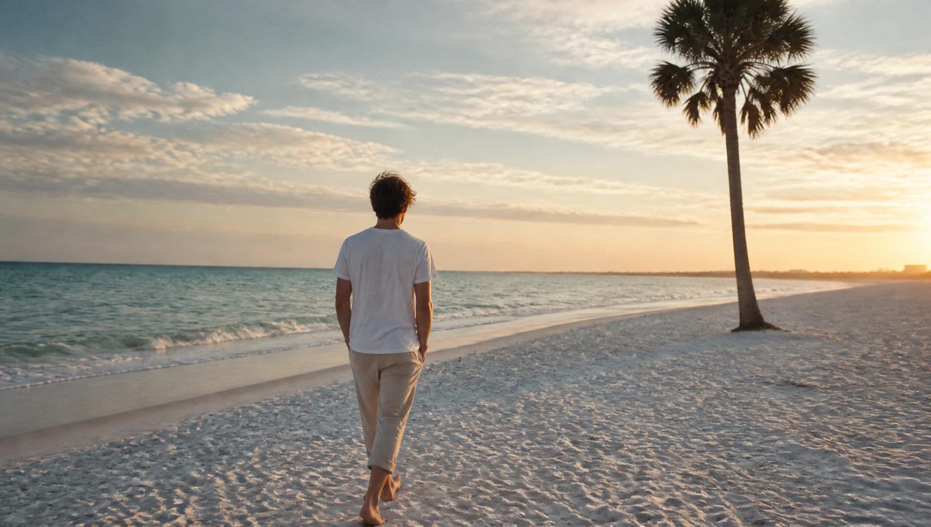 Siesta Key beach at golden hour — white sand, turquoise Gulf water, sabal palm